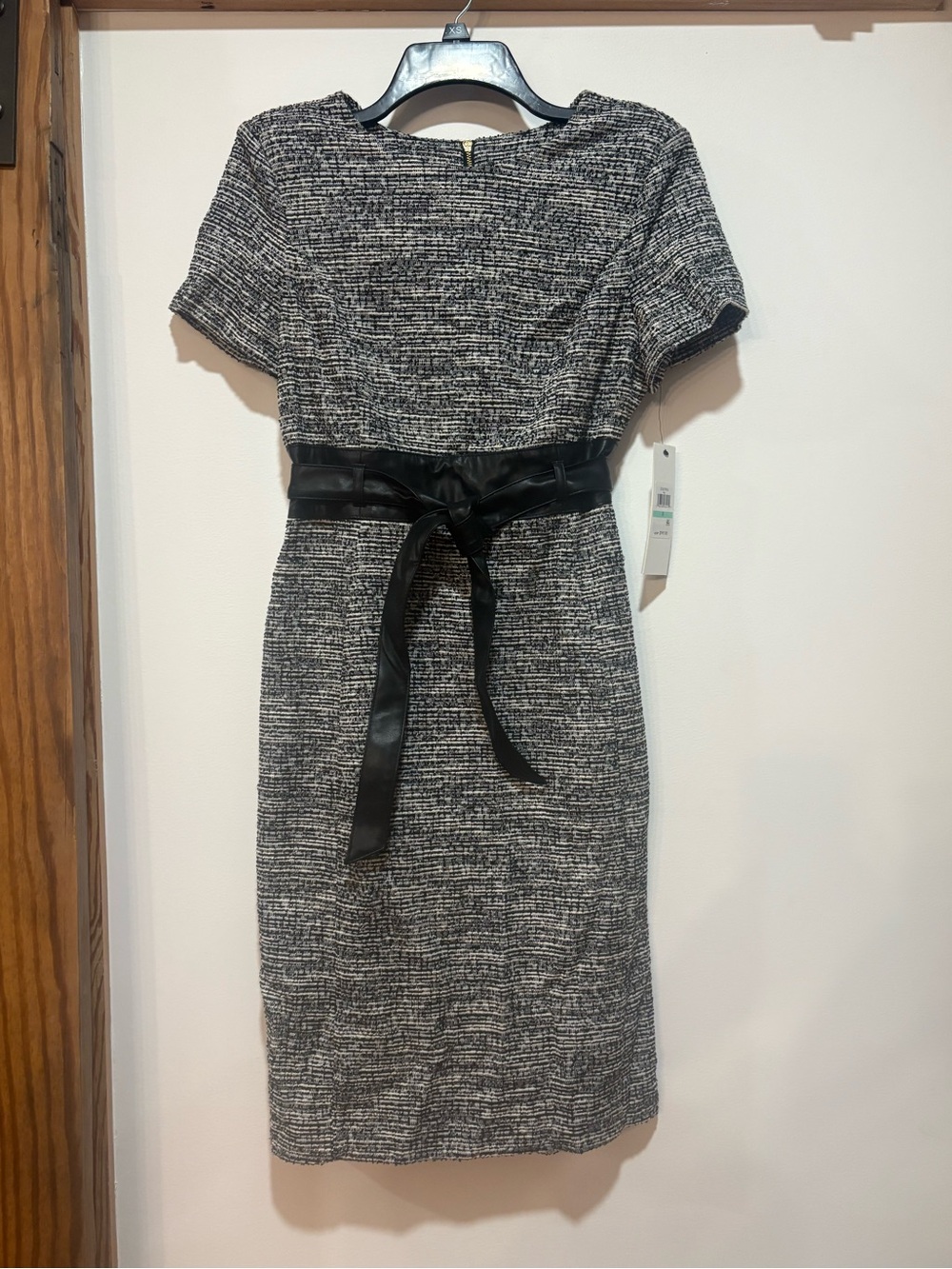 NWT Calvin Klein Black and White Tweed Midi Dress with Black Waist Tie